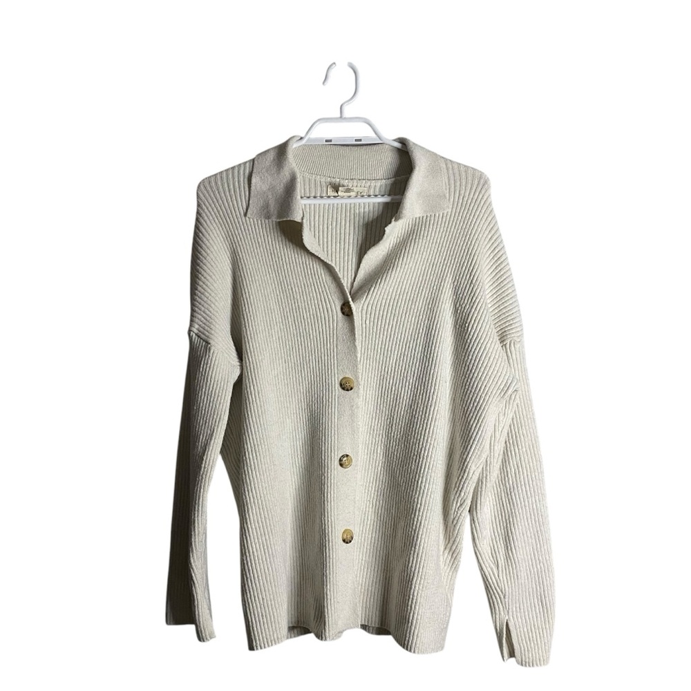 Happily Grey Women's Cream Button Down Ribbed Relaxed Fit Knit Sweater
